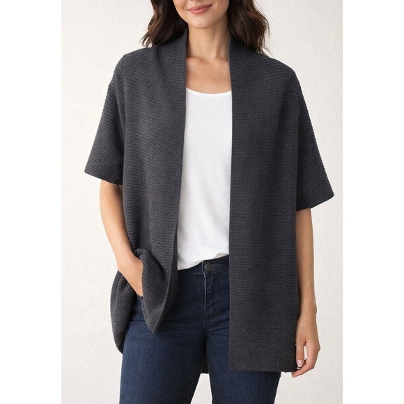Eileen Fisher Sweaters - EILEEN FISHER Petite Charcoal Grey Ribbed Knit Short Sleeve Open Front Cardigan